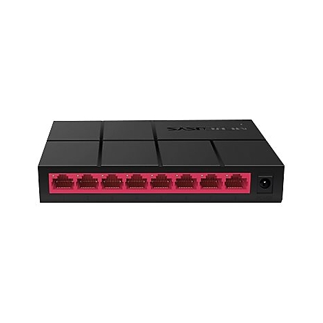 Schwarzer Mercusys Netzwerk-Switch mit acht roten LAN-Ports und einem Stromanschluss auf weißem Hintergrund.