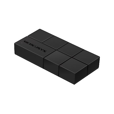 Schwarzes Mercusys-Netzwerkgerät mit quadratischem Rasterdesign auf weißem Hintergrund.
