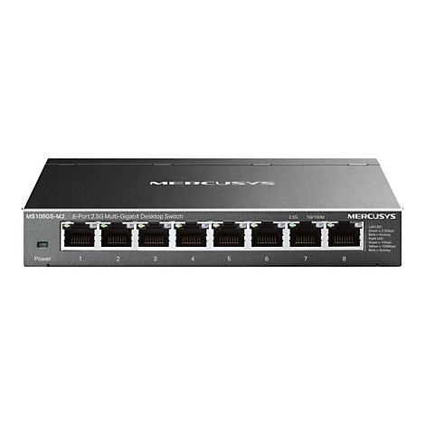 Ein grauer Netzwerk-Switch mit acht Anschlüssen, der Beschriftung 'MERCUSYS' und technischen Daten.