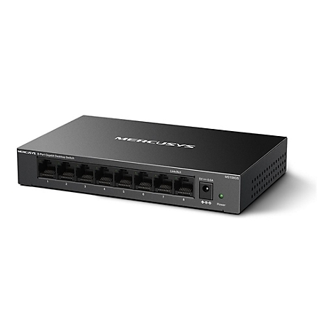 Schwarzer 8-Port Gigabit Desktop Switch von Mercusys mit Anschlüssen und grüner Status-LED.
