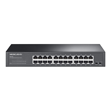 Schwarzer 24-Port Gigabit-Netzwerk-Switch von Mercusys mit Front-LEDs und Anschlüssen vor weißem Hintergrund.