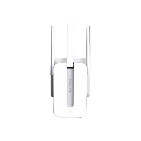 Weißer Mercusys WLAN-Repeater für die Steckdose mit drei Antennen vor weißem Hintergrund.