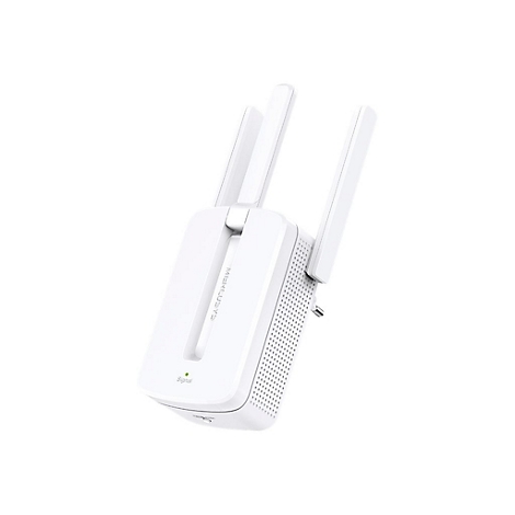 Weißer Mercusys WLAN-Repeater mit zwei Antennen und grüner Signal-LED vor neutralem Hintergrund.