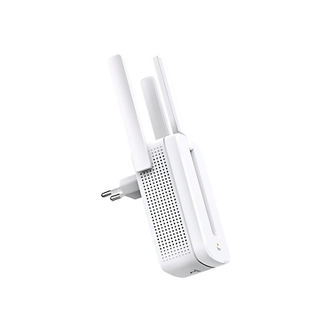 Ein weißer WLAN-Repeater mit zwei ausklappbaren Antennen und einer gelben LED-Anzeige.