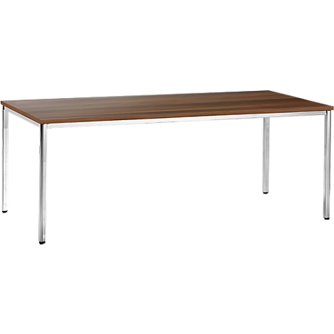 Una mesa rectangular de madera con una tapa marrón y patas plateadas.