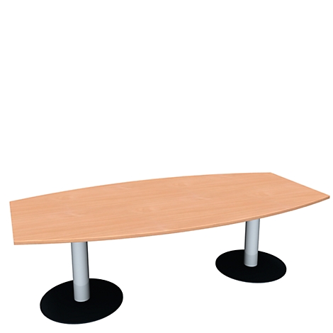 Una mesa de conferencias ovalada de color marrón claro que descansa sobre dos patas cilíndricas plateadas, que a su vez descansan sobre bases redondas negras.