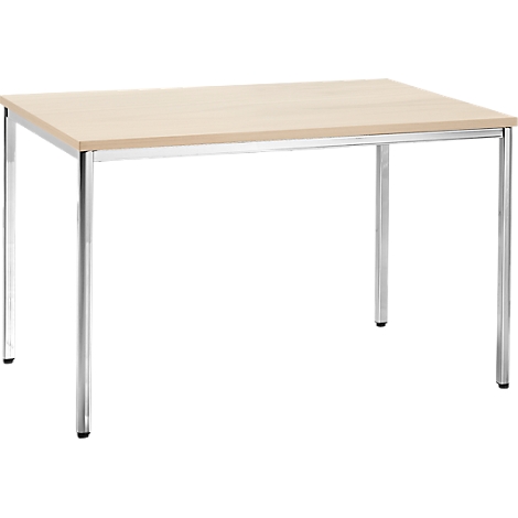 Mesa rectangular de madera clara con patas plateadas.