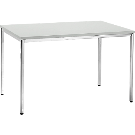 Una mesa rectangular con una encimera gris claro y patas plateadas.
