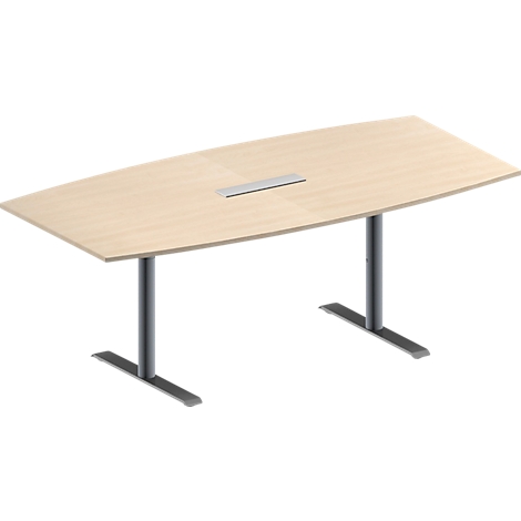 Una mesa de conferencias de color marrón claro con una superficie curva, dos patas grises y una tira de metal en el medio.