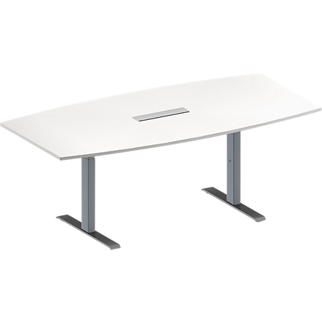 Mesa de conferencias ovalada blanca con dos columnas grises regulables en altura. Un hueco estrecho para cables está en el medio.