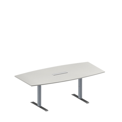Una mesa de conferencia ovalada blanca con dos patas grises sobre un fondo blanco.