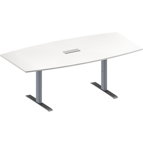Mesa de conferencias blanca con dos patas grises. Hay un hueco en el centro de la mesa.