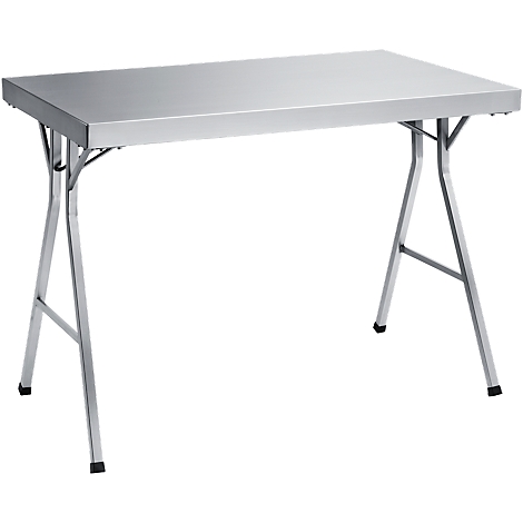 Una mesa plegable plateada con una tapa rectangular y patas inclinadas.