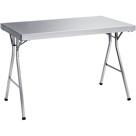 Mesa plegable plateada con patas de metal sobre un fondo blanco.
