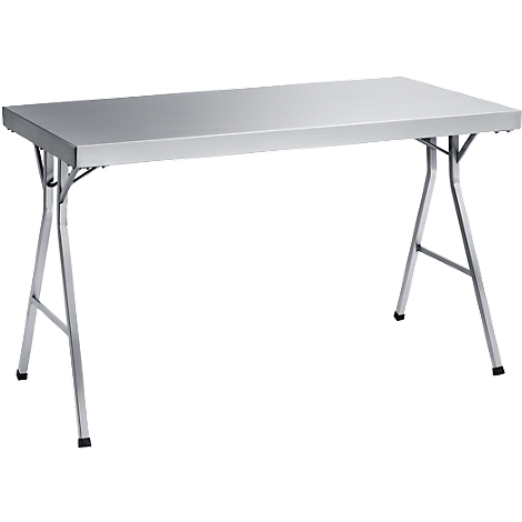 Una mesa plegable rectangular de metal, plateada brillante, con patas cruzadas.