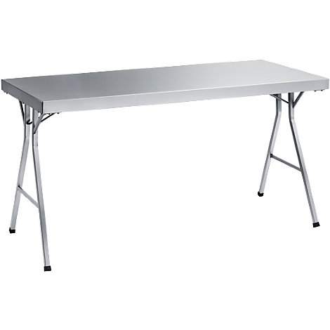 Mesa plegable rectangular plateada con patas de metal dispuestas en forma de X.