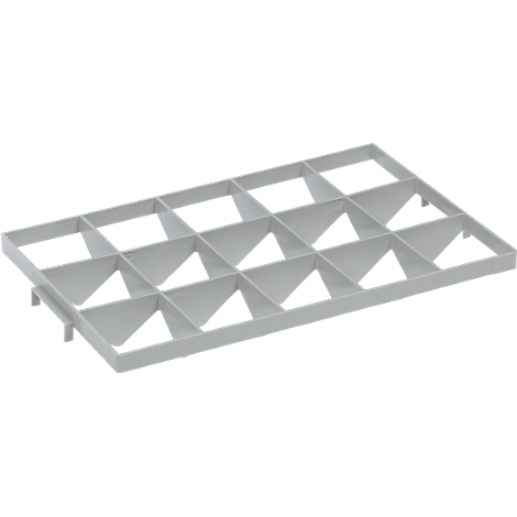 Gray plastic divider with rectangular grid for cutlery or accessories.