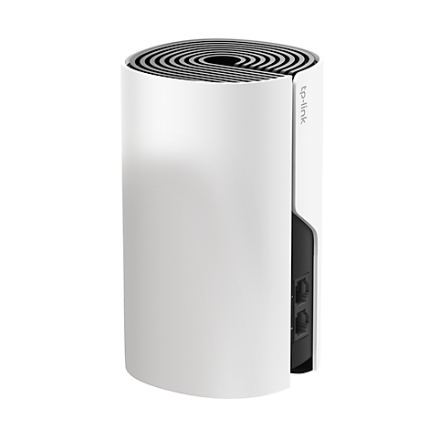 Weißer Router, tp-link Logo auf der Seite. Schwarze Lüfter oben, Anschlüsse hinten.