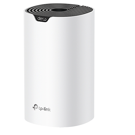 Zylindrischer, weißer Router mit schwarzem Muster an der Oberseite, Markenlogo Tp-Link.