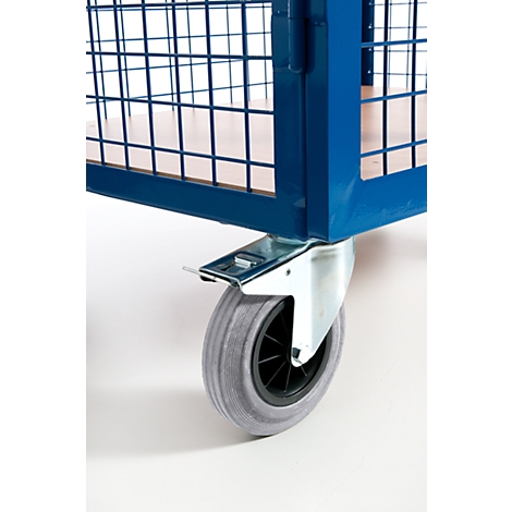 Close-up of a blue transport cart with a gray wheel on a white background.
