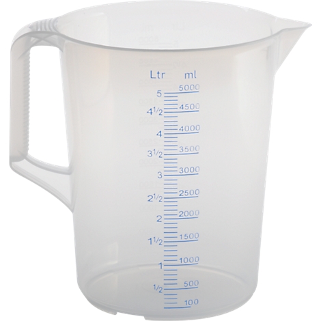 Transparenter 5-Liter-Messbecher aus Kunststoff mit blauer Skalierung in Litern und Millilitern.