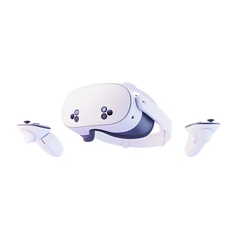 Ein VR-Headset und zwei Controller, alles in Weiß, vor weißem Hintergrund.