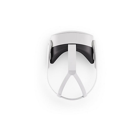 Draufsicht auf eine VR-Brille, hauptsächlich weiß und schwarz, mit Bügeln und Stirnband auf weißem Grund.