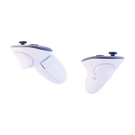Zwei weiße VR-Controller mit schwarzen Akzenten und Knöpfen, vor weißem Hintergrund.