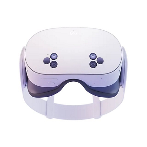 Weißes VR-Headset, Frontansicht. Es hat eine Kopfbandhalterung und mehrere Kameras.