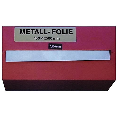 Metalen folie op een rode blok, opschrift: METAL-FOLIE, 150 x 2500 mm en 0,150 mm.