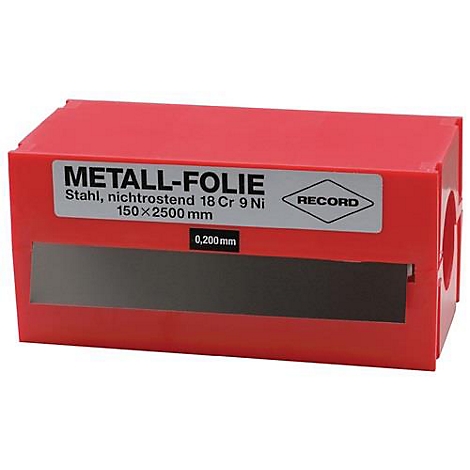 Rode metalen foliedoos met de inscriptie: METALL-FOLIE. Hieronder: staal, roestvrij, 18 Cr 9 Ni, 150x2500 mm. Folie-uitsparing en 0,200 mm.