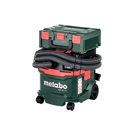 Metabo ASA 20 L PC Nass-/Trockensauger mit aufgesetzter Werkzeugbox auf weißem Hintergrund.