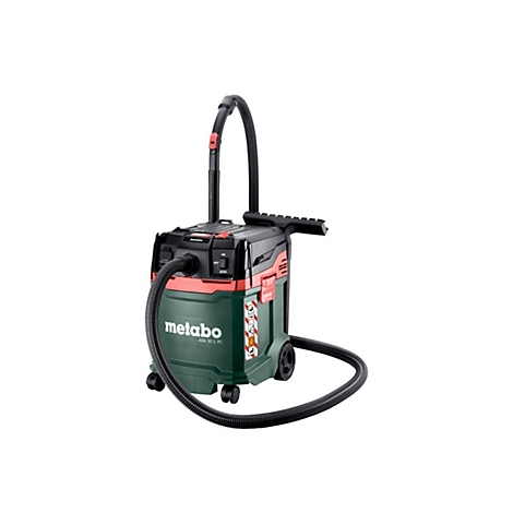 Dunkelgrüner Staubsauger der Marke Metabo, Modell ASA 30 L PC, mit schwarzem Schlauch und Rollen, vor weißem Hintergrund.