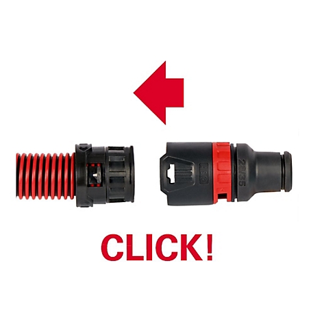 Zwei schwarze Stecker mit roter Innenstruktur, getrennt durch einen roten Pfeil, darunter "CLICK!".