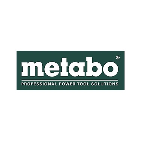 Metabo Logo in Weiß auf einem dunkelgrünen, rechteckigen Hintergrund mit Schriftzug Professional Power Tool Solutions.