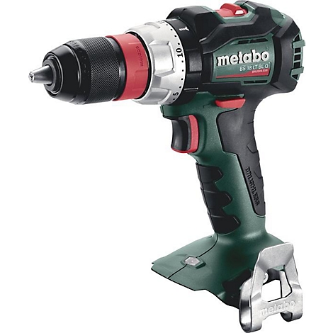 Perceuse sans fil Metabo BS 18 LT BL Q verte et noire. Bouton de batterie rouge et bague de vitesse, pointe de mandrin argentée.
