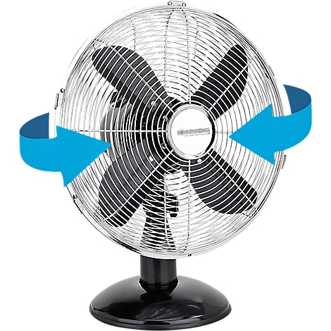 Verchroomde ventilator, zwarte basis, blauwe pijlen die rotatie aangeven.