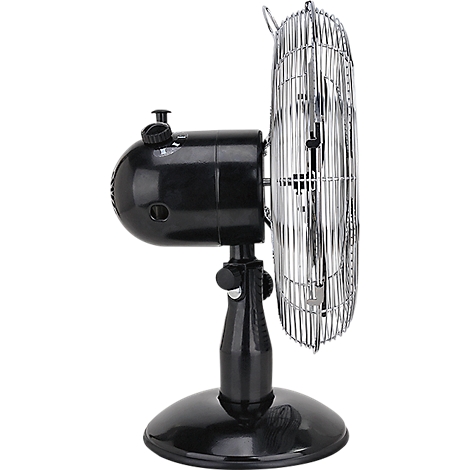 Zwarte tafelventilator met chromen rooster en ronde voet.