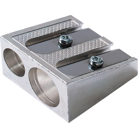 A silver, double-hole metal pencil sharpener.