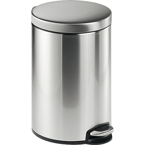 Cylindrical stainless steel pedal bin with lid and footrest.