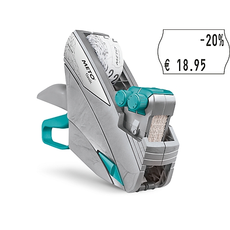 Een grijze en turquoise prijsetiketteermachine. Op een wit label staat -20% en €18,95.