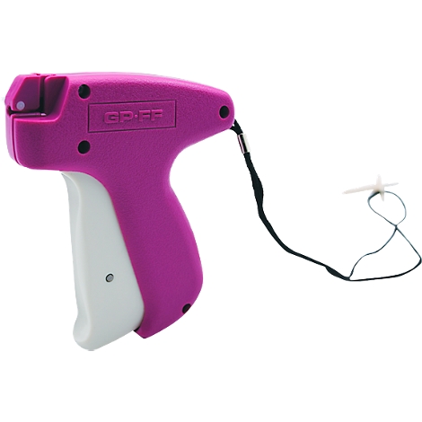 Een roze tagpistool met witte handgreep en zwart koord.