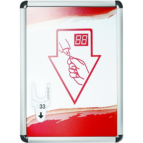 Bord met symbolen voor ticketophaling. Pijl met handen die een ticket uitwisselen en een digitale display voor het ticketnummer.