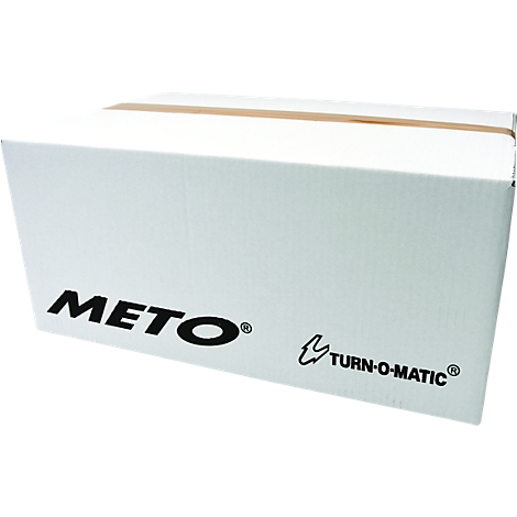 Witte doos met METO en TURN-O-MATIC opdruk. Bruine tape bovenop.