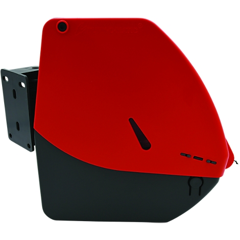 Boîtier rouge et arrondi avec base noire et support.