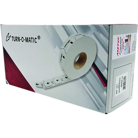 Een doos met TURN-O-MATIC rollen, met een rol met opeenvolgende nummers. Details zichtbaar op de verpakking en rol.