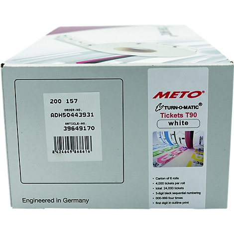 Een witte doos met "METO" tickets. Details zoals artikelnummers en barcodes zijn zichtbaar op de doos.