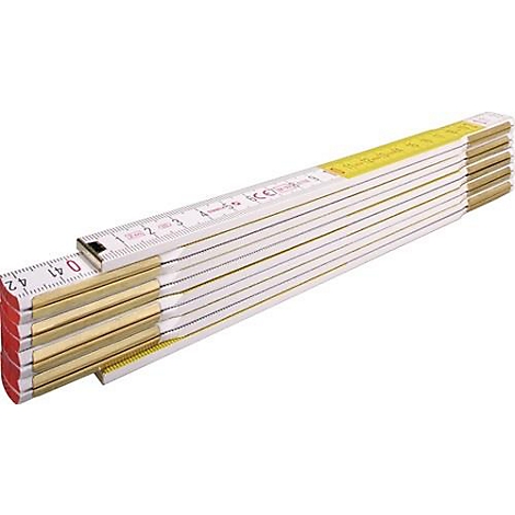 Mètre pliant blanc, jaune et rouge avec des mesures clairement visibles.
