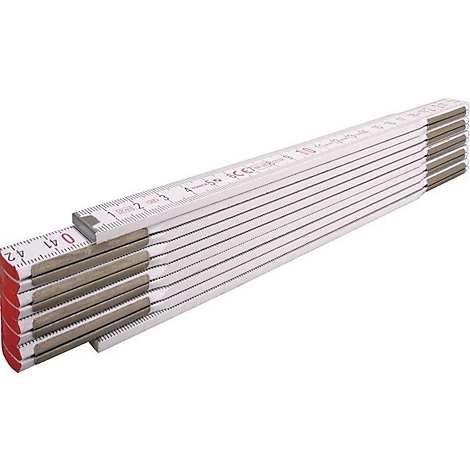 Un mètre pliant blanc, partiellement déplié, avec des marquages rouges à l'extrémité. Les chiffres et les lignes sont clairement visibles.