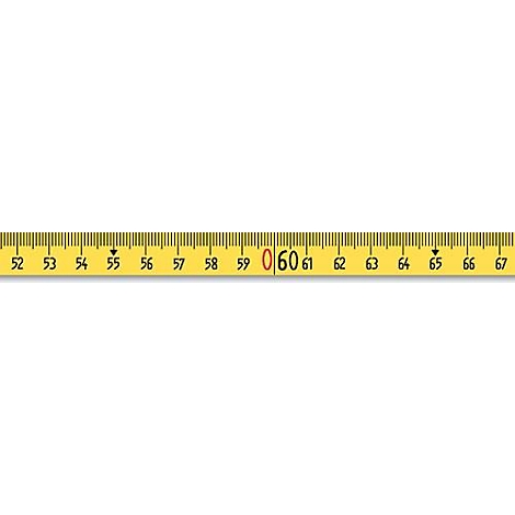 Gros plan d'une règle jaune avec des marques noires et un cercle rouge autour du chiffre 60.